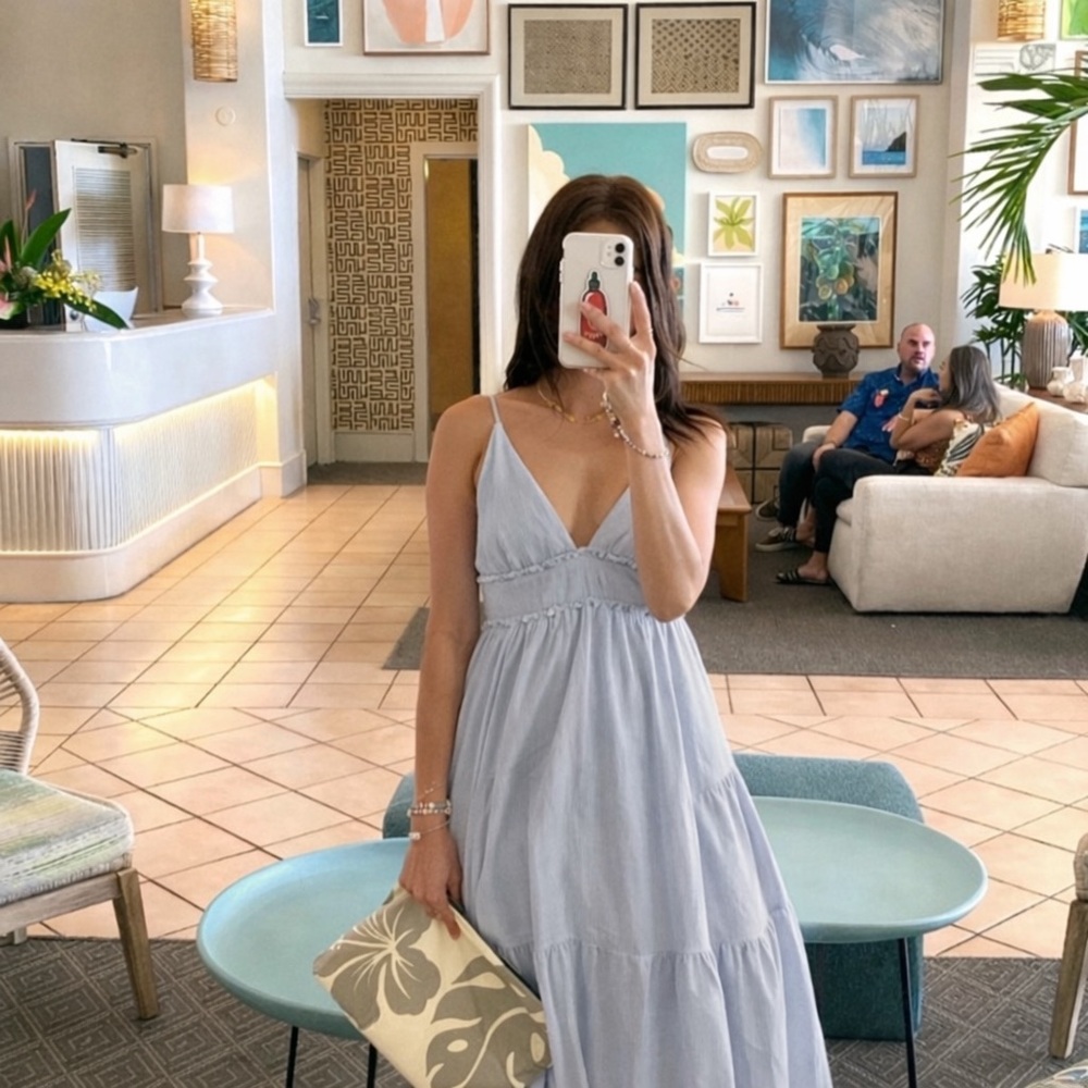 Free People Heat Haze Maxi Dress Triangle Top Smocked Long Cotton Linen Blue L - Picture 1 of 17